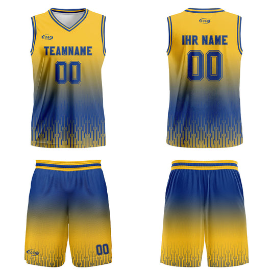 Benutzerdefinierter Gelb Blau Farbverlauf Basketball Jersey Uniform Anzug gedruckt Ihr Logo Name Nummer