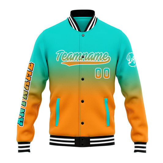 Benutzerdefinierte Verlauf Varsity-Jacke. Letterman-Jacke Teal Orange