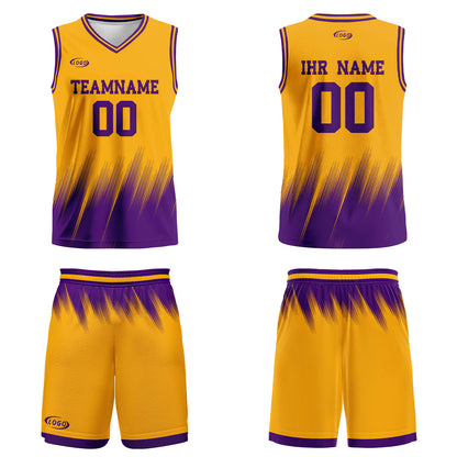 Benutzerdefinierter Gelb Lila Basketball Jersey Uniform Anzug gedruckt Ihr Logo Name Nummer