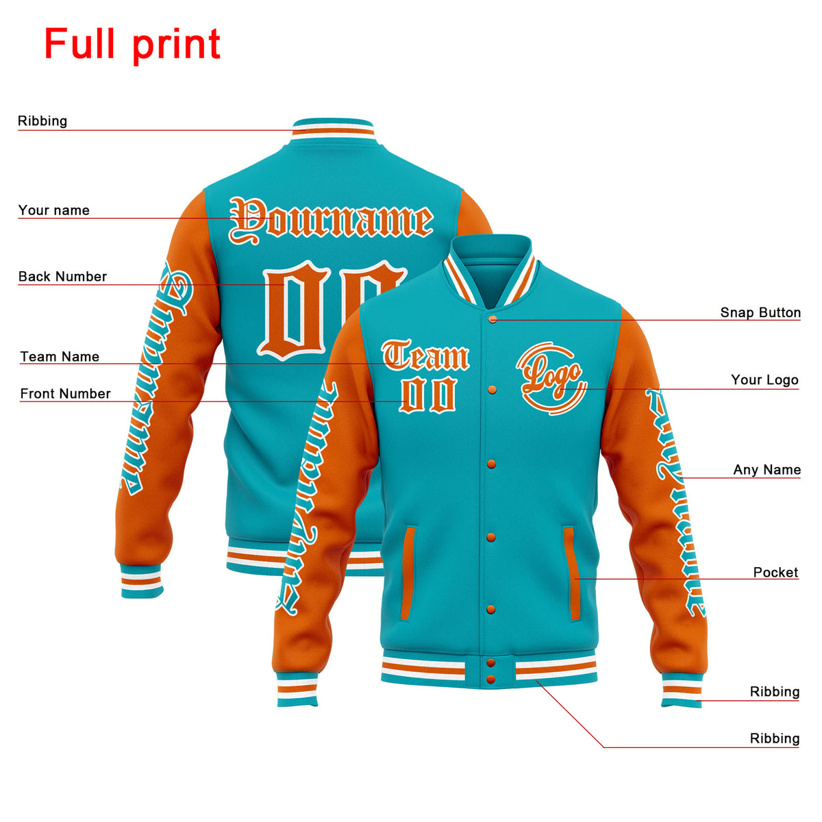 Benutzerdefinierte Varsity-Jacke. Letterman-Jacke für Männer, Frauen und Jugendliche Teal Orange
