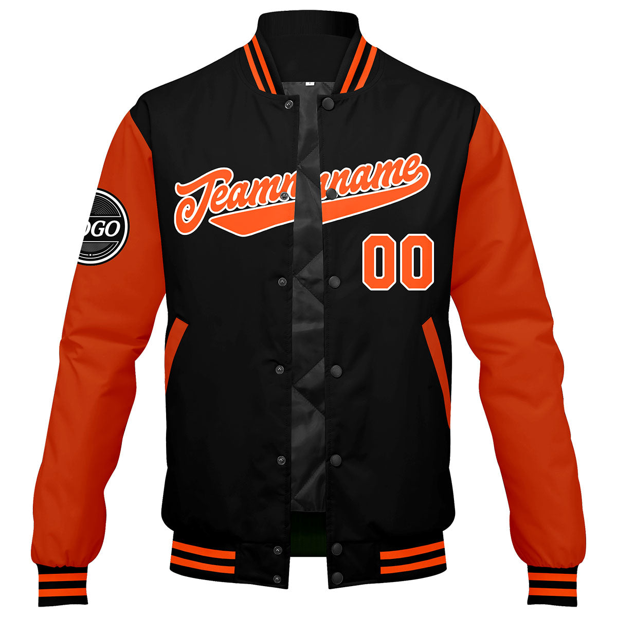 Benutzerdefinierte Verlauf Varsity-Jacke. Letterman-Jacke Schwarz Orange