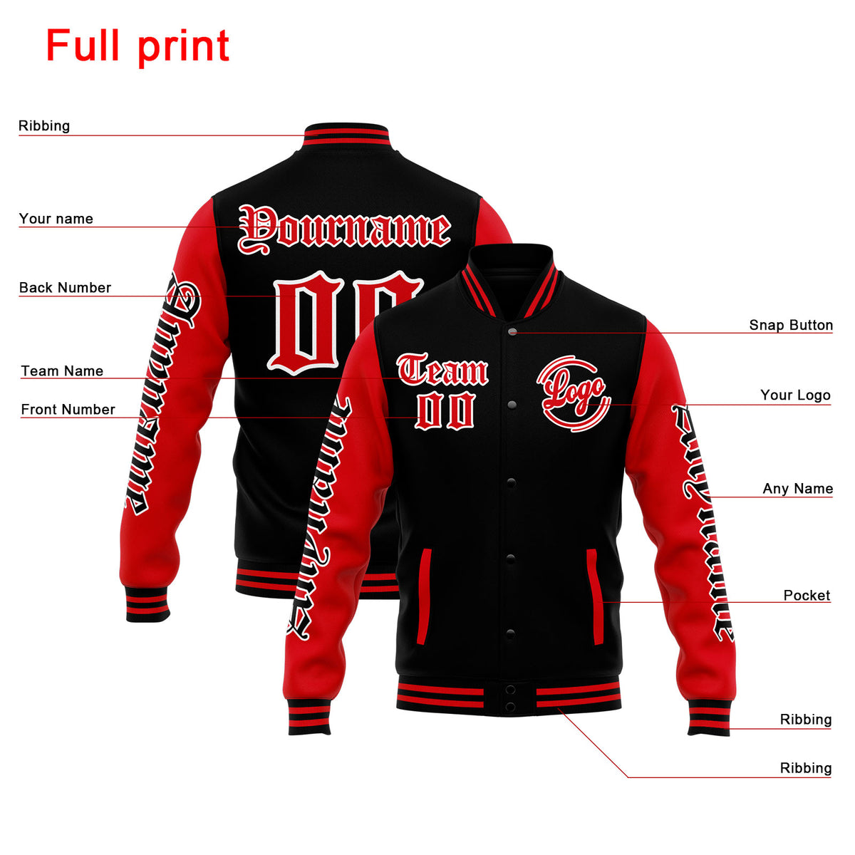 Benutzerdefinierte Varsity-Jacke. Letterman-Jacke für Männer, Frauen und Jugendliche Schwarz Rot