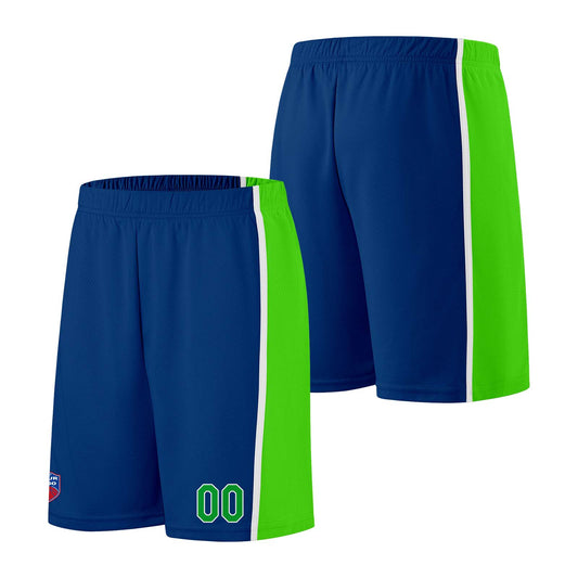 Individuelle Basketball-Jersey-Shorts für Männer und Frauen. Gestickter und gedruckter Name, Nummer und Logo Royal&Neon Grün