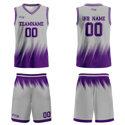Benutzerdefinierter Grau Lila Basketball Jersey Uniform Anzug gedruckt Ihr Logo Name Nummer
