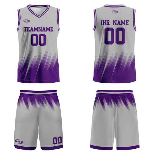 Benutzerdefinierter Grau Lila Basketball Jersey Uniform Anzug gedruckt Ihr Logo Name Nummer