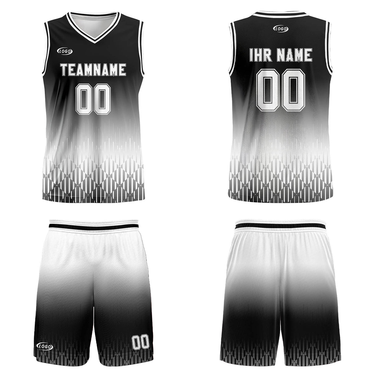 Benutzerdefinierter Schwarz Weiß Farbverlauf Basketball Jersey Uniform Anzug gedruckt Ihr Logo Name Nummer