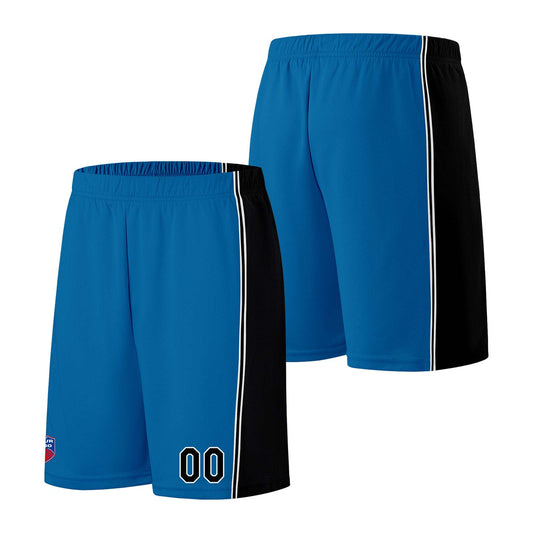 Individuelle Basketball-Jersey-Shorts für Männer und Frauen. Gestickter und gedruckter Name, Nummer und Logo Blau&Schwarz