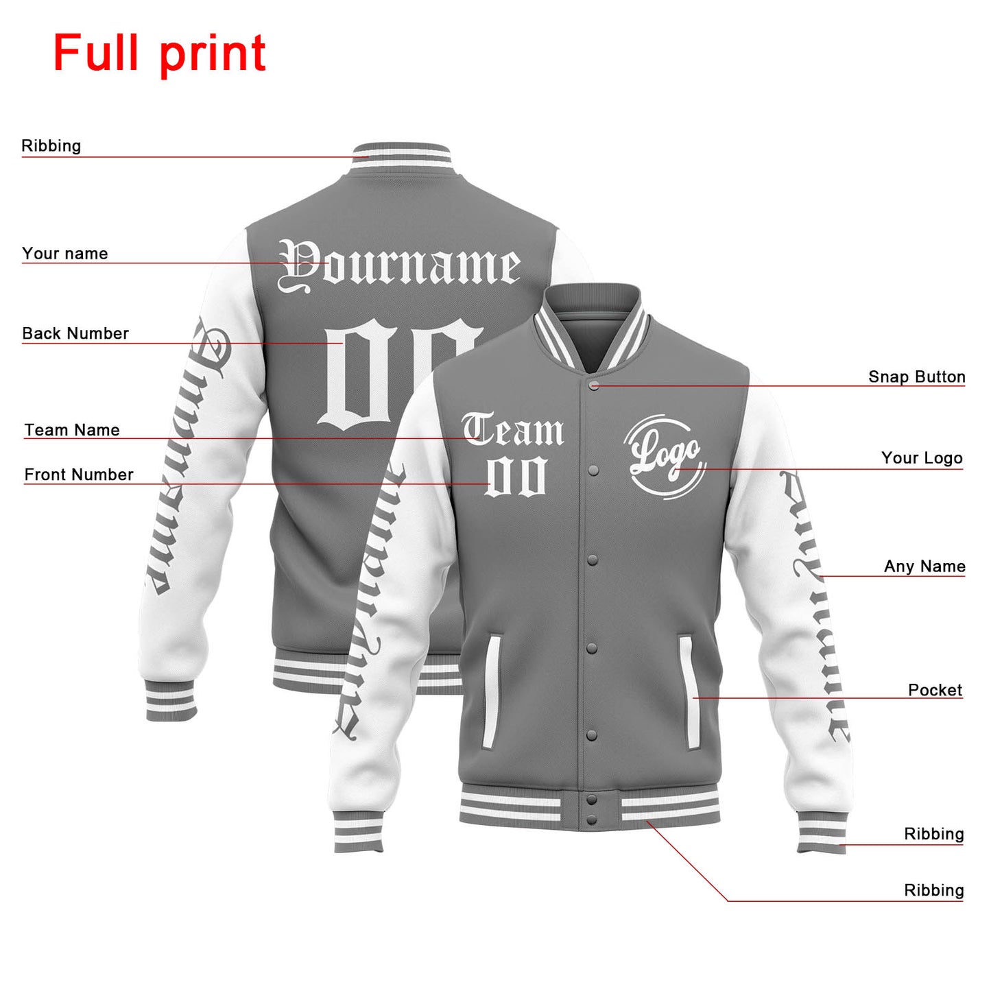 Benutzerdefinierte Varsity-Jacke. Letterman-Jacke für Männer, Frauen und Jugendliche Grau Weiß
