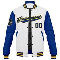 Benutzerdefinierte Verlauf Varsity-Jacke. Letterman-Jacke Royal Weiß Gelb