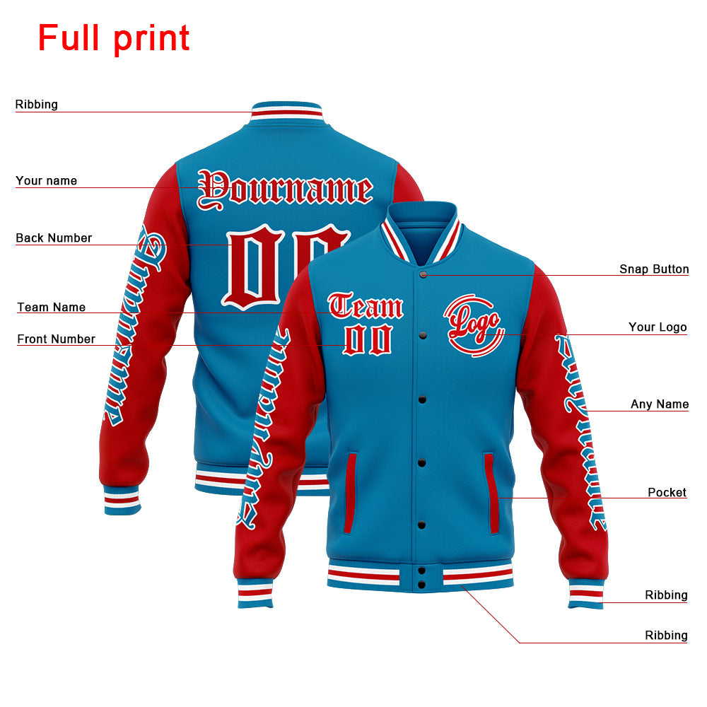 Benutzerdefinierte Varsity-Jacke. Letterman-Jacke für Männer, Frauen und Jugendliche Blau Rot