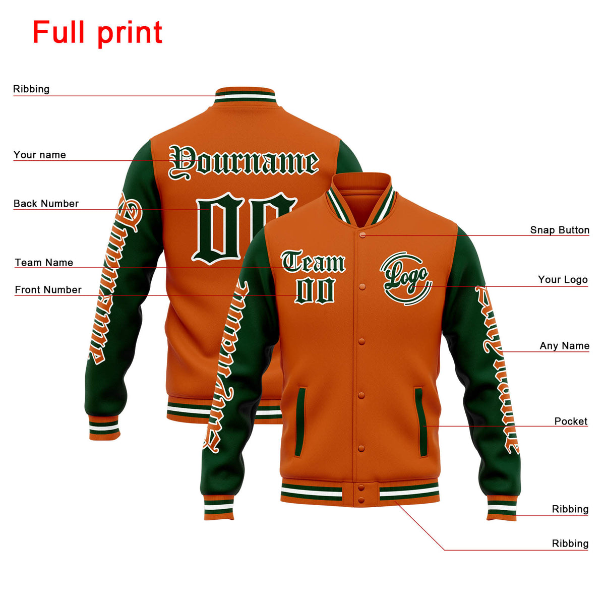 Benutzerdefinierte Varsity-Jacke. Letterman-Jacke für Männer, Frauen und Jugendliche Orange Dunkelgrün
