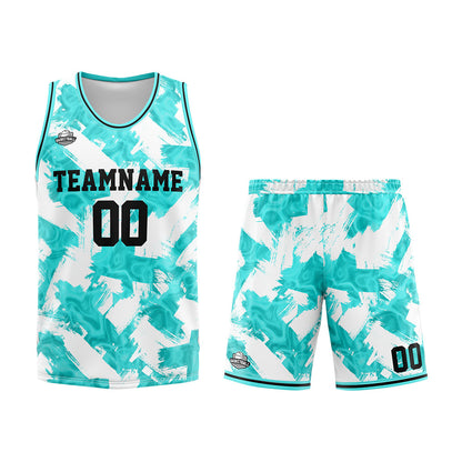 Benutzerdefinierter Basketball Jersey Uniform Anzug gedruckt Ihr Logo Name Nummer Aqua& Weiß