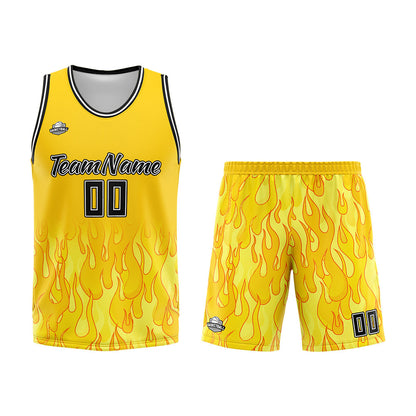 Benutzerdefinierter Basketball Jersey Uniform Anzug gedruckt Ihr Logo Name Nummer Gelbe Flamme