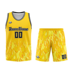 Benutzerdefinierter Basketball Jersey Uniform Anzug gedruckt Ihr Logo Name Nummer Gelbe Flamme