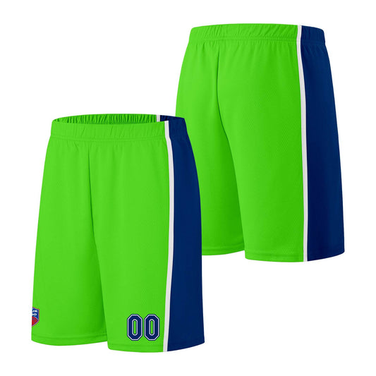 Individuelle Basketball-Jersey-Shorts für Männer und Frauen. Gestickter und gedruckter Name, Nummer und Logo Neon Grün&Royal