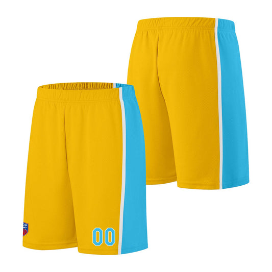 Individuelle Basketball-Jersey-Shorts für Männer und Frauen. Gestickter und gedruckter Name, Nummer und Logo Gelb& Hellblau