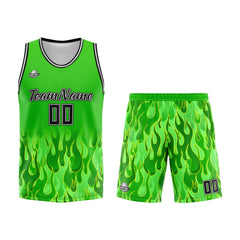 Benutzerdefinierter Basketball Jersey Uniform Anzug gedruckt Ihr Logo Name Nummer Grüne Flamme