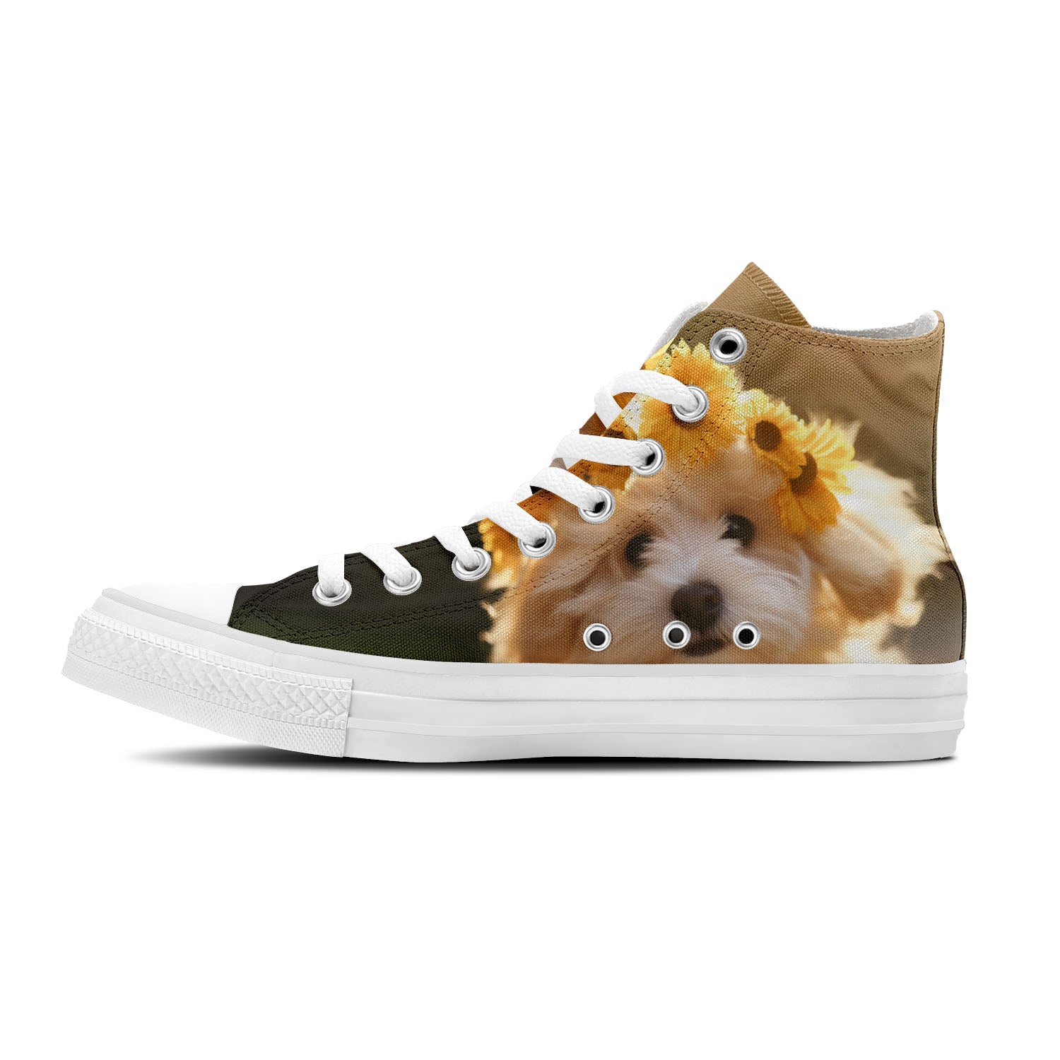 Schicker Hundestil: Mid-Top Canvas-Schuhe mit Blumen gekrönten Welpen