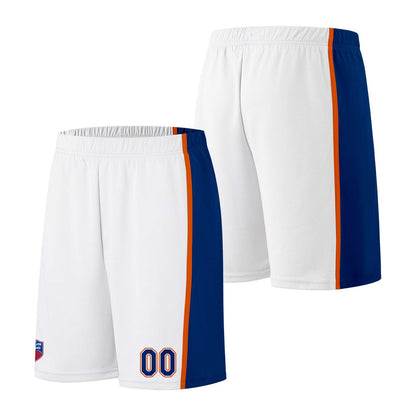 Individuelle Basketball-Jersey-Shorts für Männer und Frauen. Gestickter und gedruckter Name, Nummer und Logo Weiß&Royal&Orange