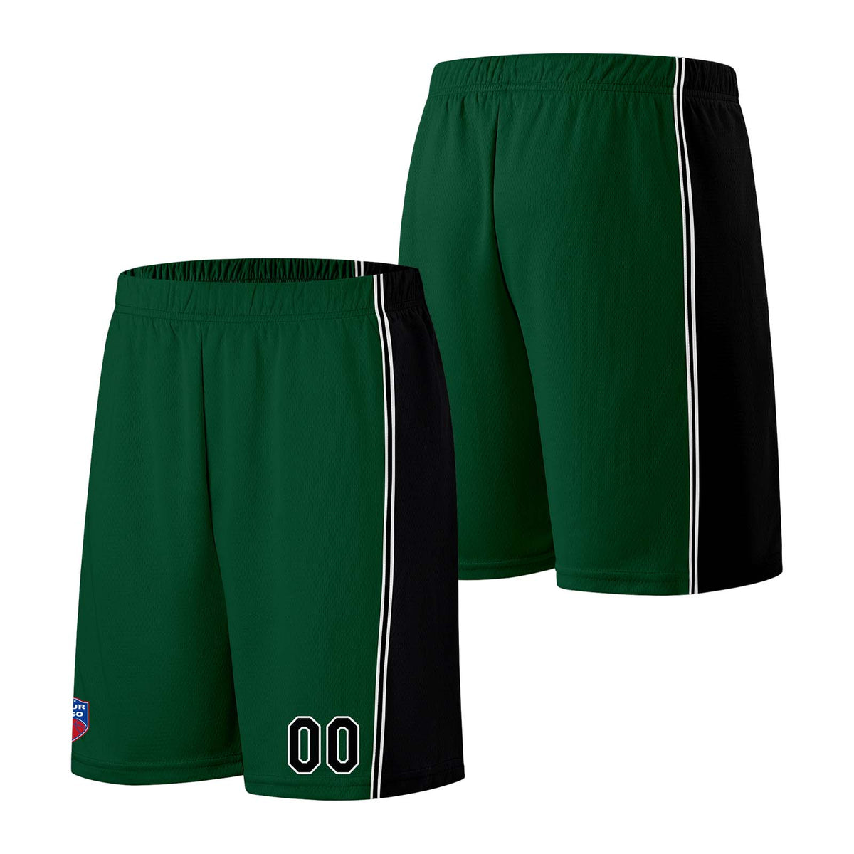 Individuelle Basketball-Jersey-Shorts für Männer und Frauen. Gestickter und gedruckter Name, Nummer und Logo Dunkelgrün