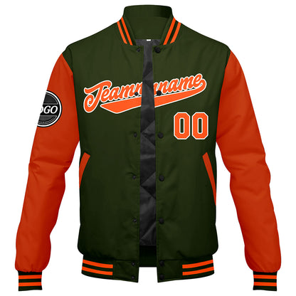 Benutzerdefinierte Verlauf Varsity-Jacke. Letterman-Jacke Olivgrün Orange