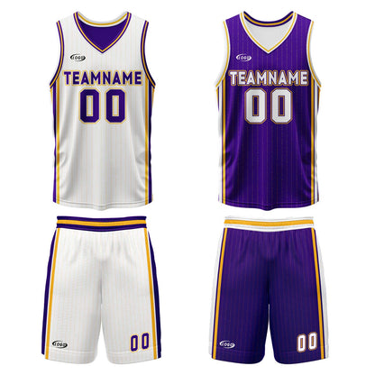 Benutzerdefinierte Weiß Lila Gelb Reversible Basketball Jersey Personalisierte Drucken Name Nummer Logo