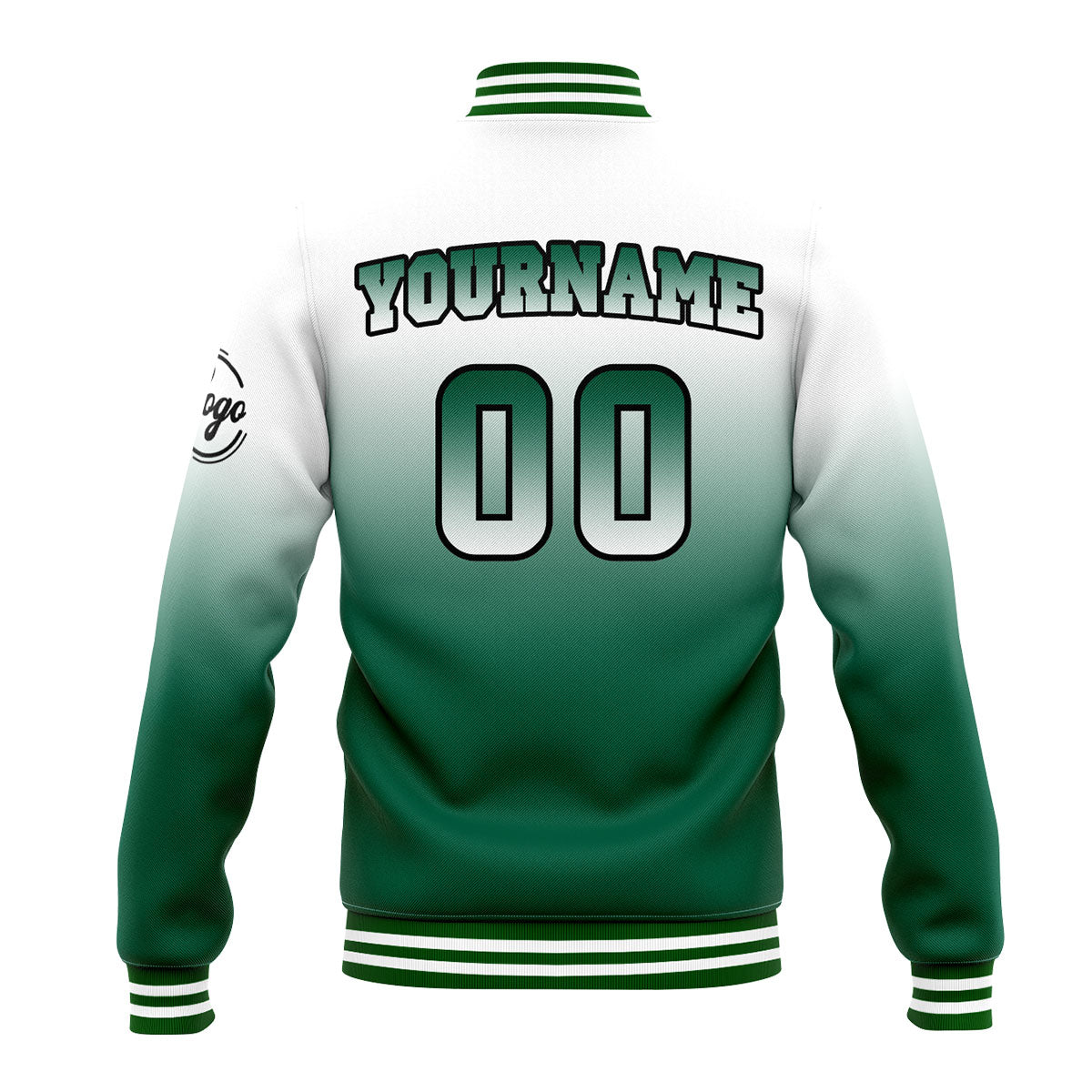 Benutzerdefinierte Verlauf Varsity-Jacke. Letterman-Jacke Weiß Grün