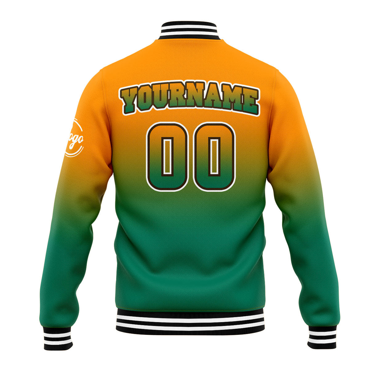 Benutzerdefinierte Verlauf Varsity-Jacke. Letterman-Jacke Orange Grün