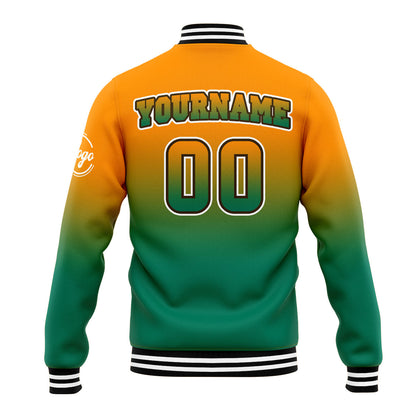 Benutzerdefinierte Verlauf Varsity-Jacke. Letterman-Jacke Orange Grün