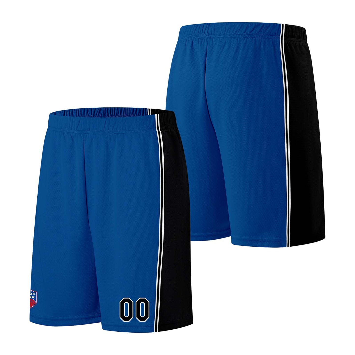 Individuelle Basketball-Jersey-Shorts für Männer und Frauen. Gestickter und gedruckter Name, Nummer und Logo Blau