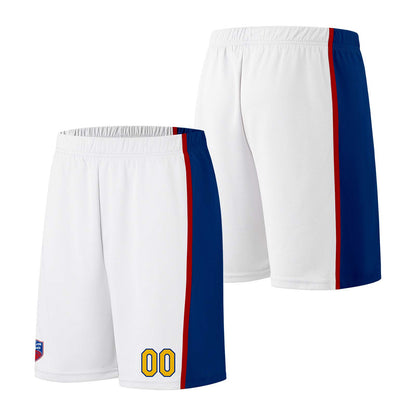 Individuelle Basketball-Jersey-Shorts für Männer und Frauen. Gestickter und gedruckter Name, Nummer und Logo Weiß &Royal