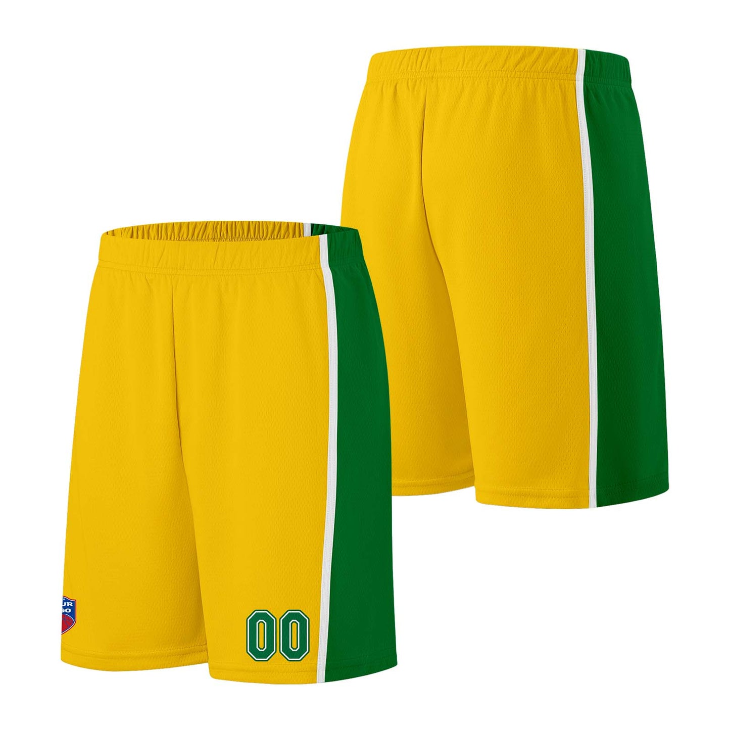 Individuelle Basketball-Jersey-Shorts für Männer und Frauen. Gestickter und gedruckter Name, Nummer und Logo Gelb&Grün