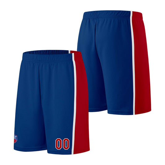 Individuelle Basketball-Jersey-Shorts für Männer und Frauen. Gestickter und gedruckter Name, Nummer und Logo Blau