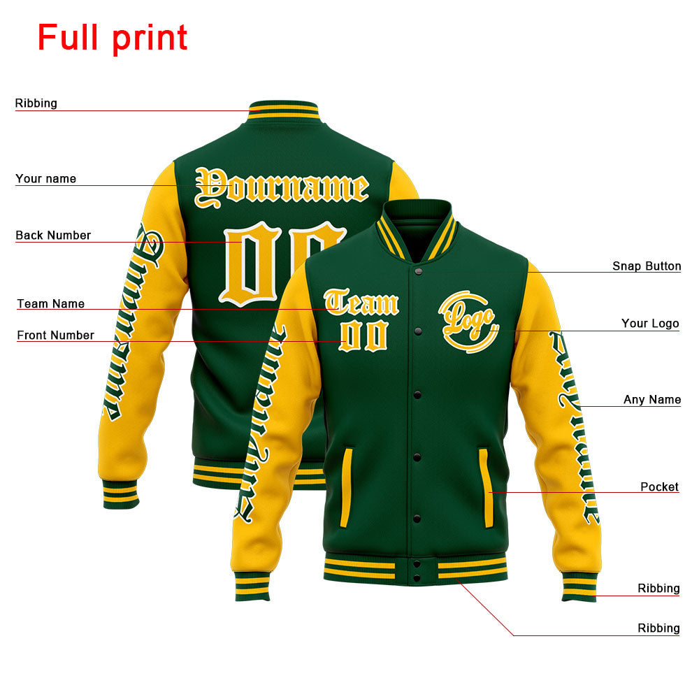 Benutzerdefinierte Varsity-Jacke. Letterman-Jacke für Männer, Frauen und Jugendliche Grün Gelb