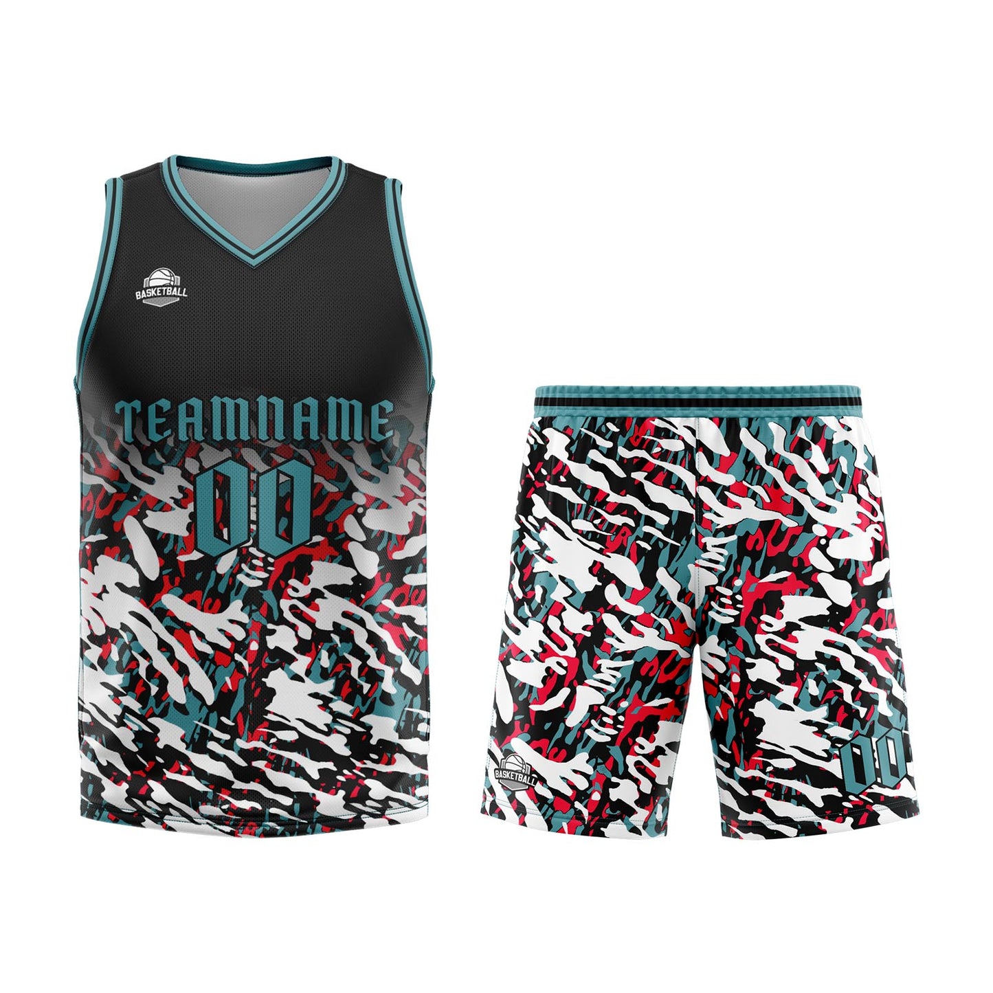 Benutzerdefinierter Schwarz Rot Grün Basketball Jersey Uniform Anzug gedruckt Ihr Logo Name Nummer
