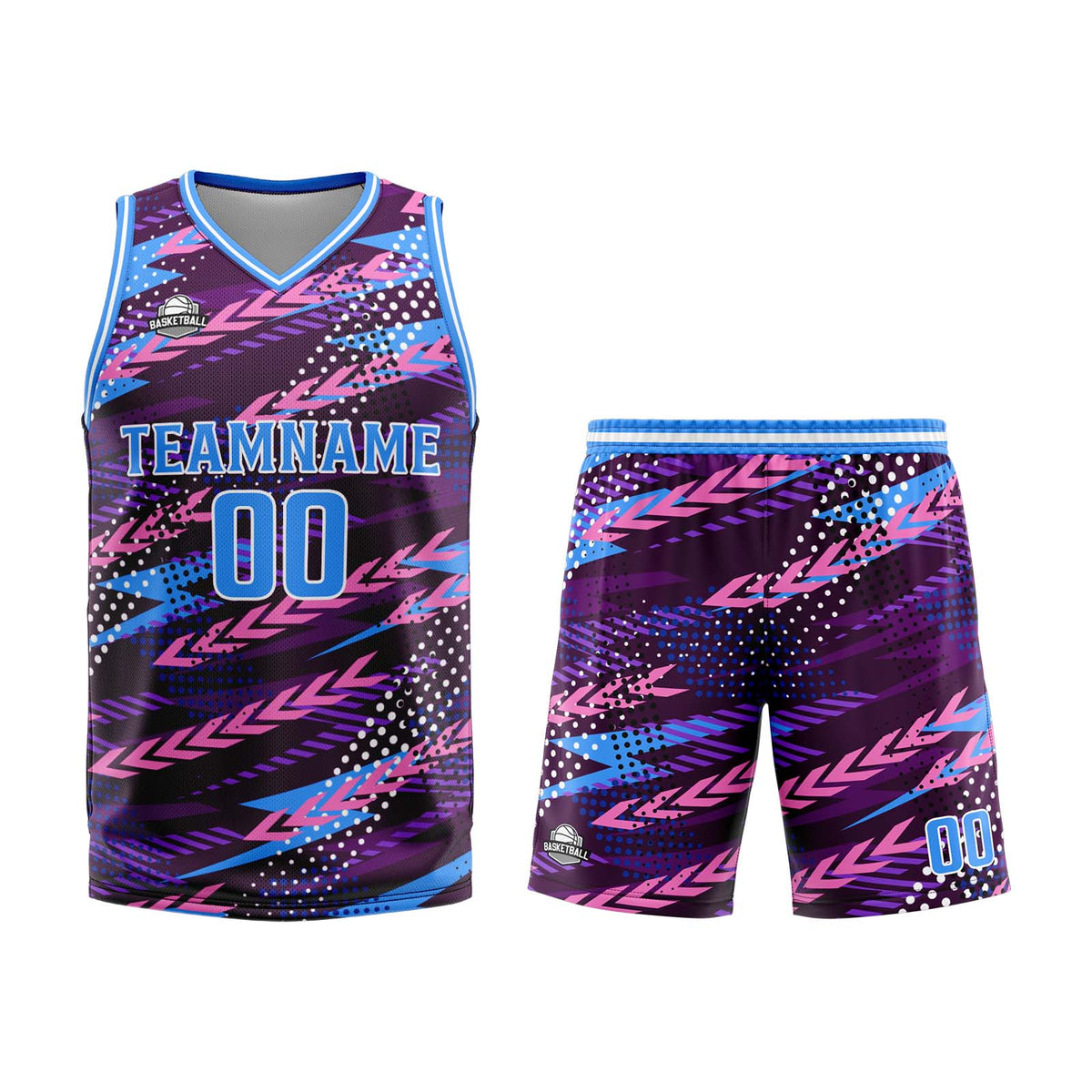 Benutzerdefinierter  Rosa Blau Basketball Jersey Uniform Anzug gedruckt Ihr Logo Name Nummer