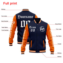 Benutzerdefinierte Varsity-Jacke. Letterman-Jacke für Männer, Frauen und Jugendliche Marine Orange