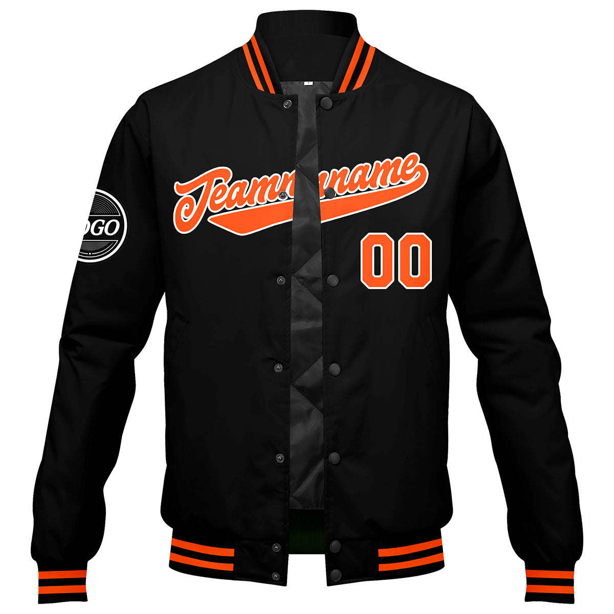 Benutzerdefinierte Verlauf Varsity-Jacke. Letterman-Jacke Schwarz Orange