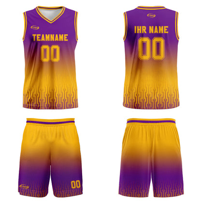 Benutzerdefinierter Lila Gelb Farbverlauf Basketball Jersey Uniform Anzug gedruckt Ihr Logo Name Nummer