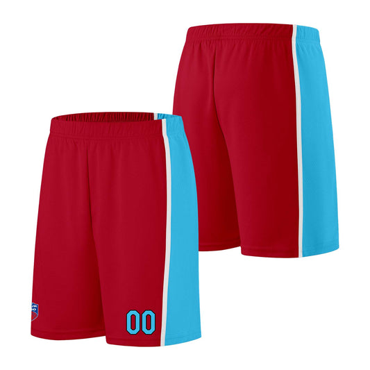 Individuelle Basketball-Jersey-Shorts für Männer und Frauen. Gestickter und gedruckter Name, Nummer und Logo Rot& Hellblau