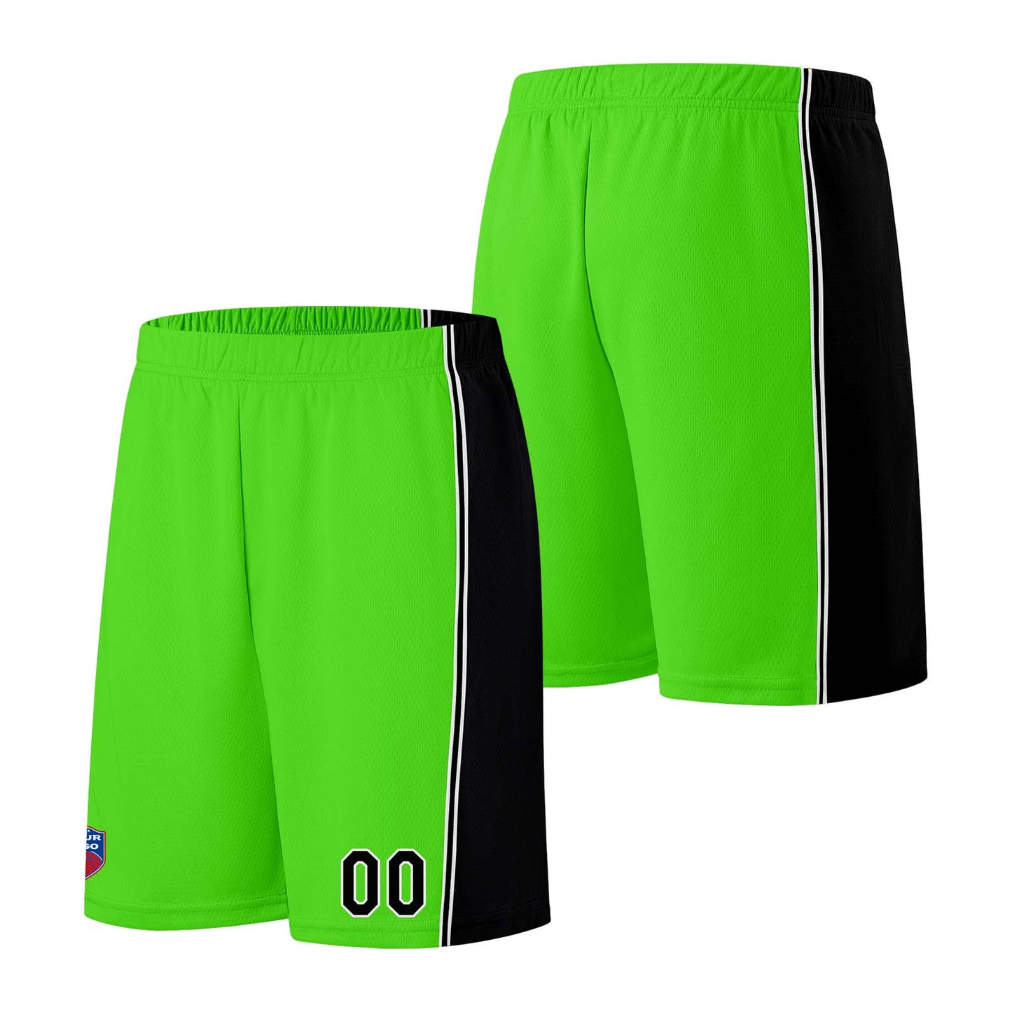 Individuelle Basketball-Jersey-Shorts für Männer und Frauen. Gestickter und gedruckter Name, Nummer und Logo Neongrün