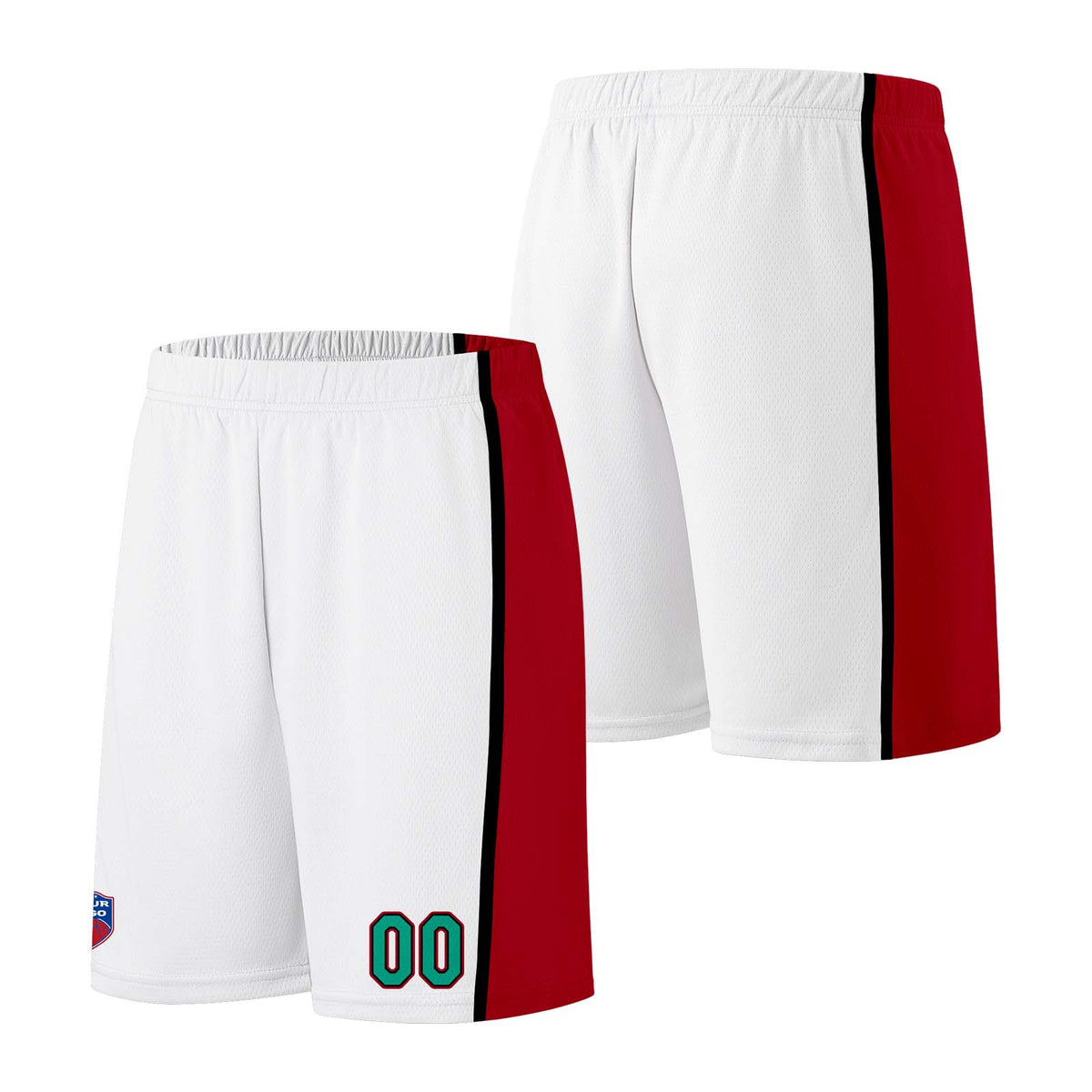 Individuelle Basketball-Jersey-Shorts für Männer und Frauen. Gestickter und gedruckter Name, Nummer und Logo Weiß&Rot&Grün