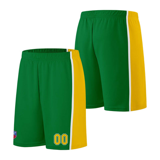 Individuelle Basketball-Jersey-Shorts für Männer und Frauen. Gestickter und gedruckter Name, Nummer und Logo Grün&Gelb