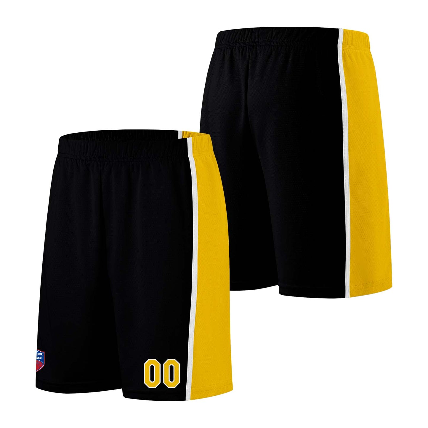 Individuelle Basketball-Jersey-Shorts für Männer und Frauen. Gestickter und gedruckter Name, Nummer und Logo Schwarz