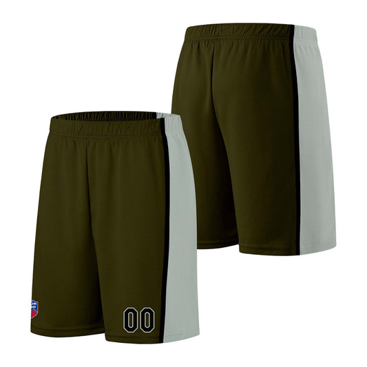 Individuelle Basketball-Jersey-Shorts für Männer und Frauen. Gestickter und gedruckter Name, Nummer und Logo Olivgrün&Grau