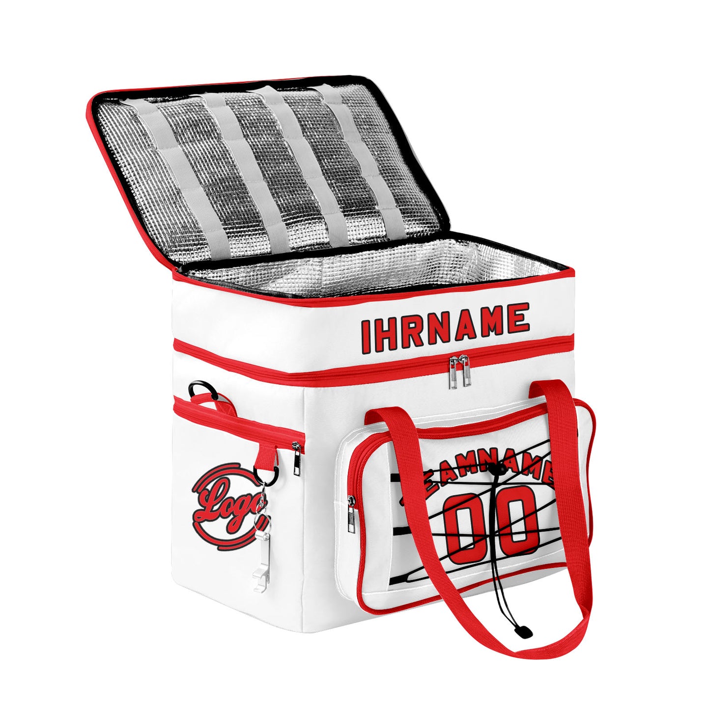 Maßgeschickerte Weiß Rot vollflächig bedruckte isolierte Kühltasche mit Doppelwand Wasserdichte 600D Oxford Picknick-Tragetasche für Teamevents & Outdoor-Grillen
