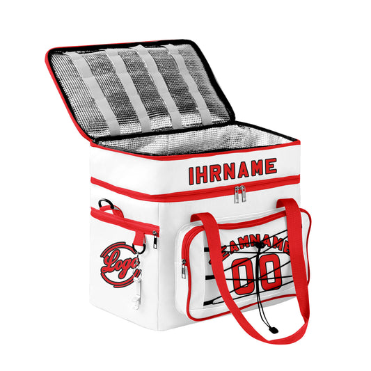 Maßgeschickerte Weiß Rot vollflächig bedruckte isolierte Kühltasche mit Doppelwand Wasserdichte 600D Oxford Picknick-Tragetasche für Teamevents & Outdoor-Grillen
