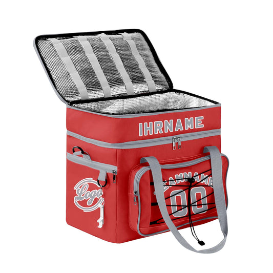 Maßgeschickerte Rot Grau vollflächig bedruckte isolierte Kühltasche mit Doppelwand Wasserdichte 600D Oxford Picknick-Tragetasche für Teamevents & Outdoor-Grillen