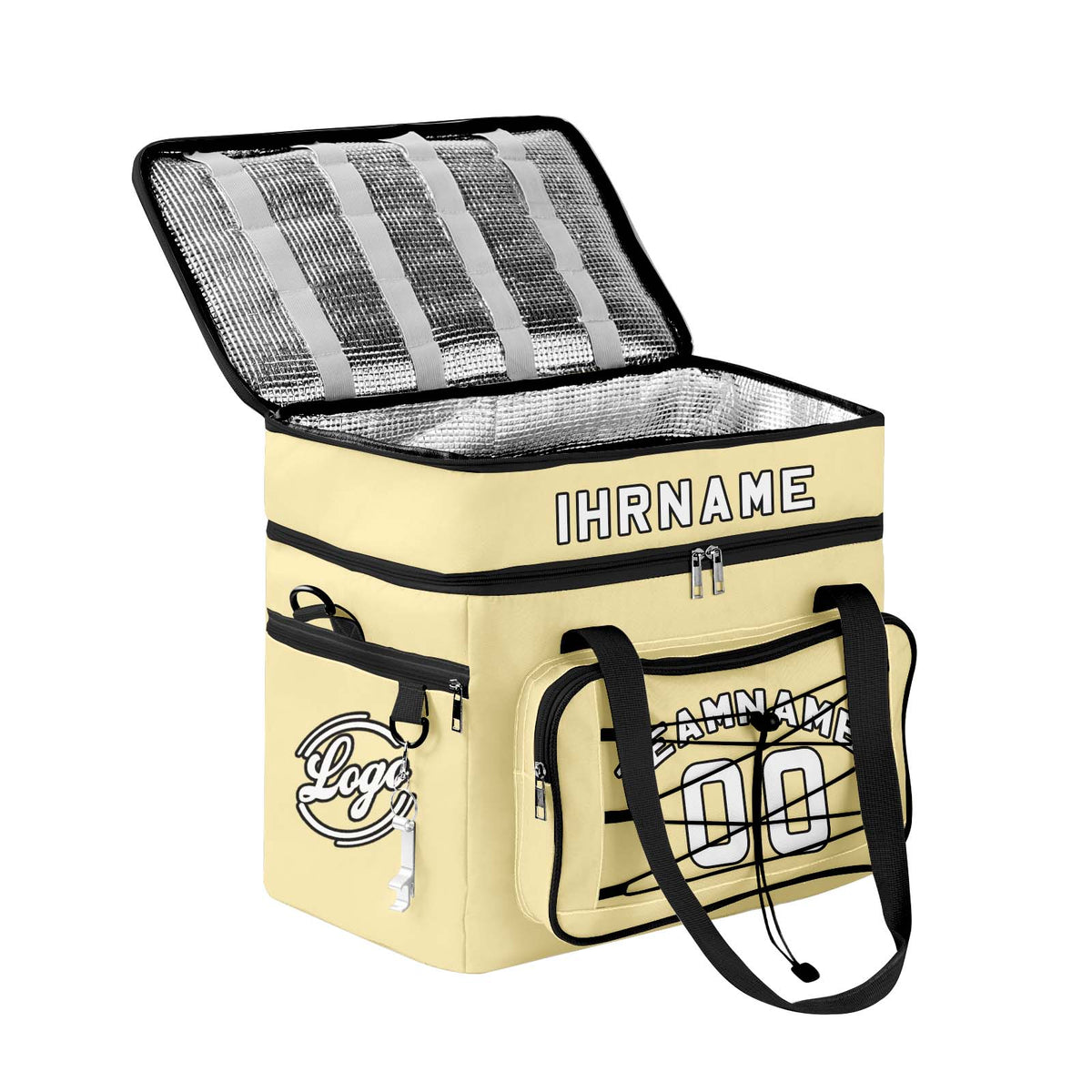 Maßgeschickerte Gelb Schwarz vollflächig bedruckte isolierte Kühltasche mit Doppelwand Wasserdichte 600D Oxford Picknick-Tragetasche für Teamevents & Outdoor-Grillen