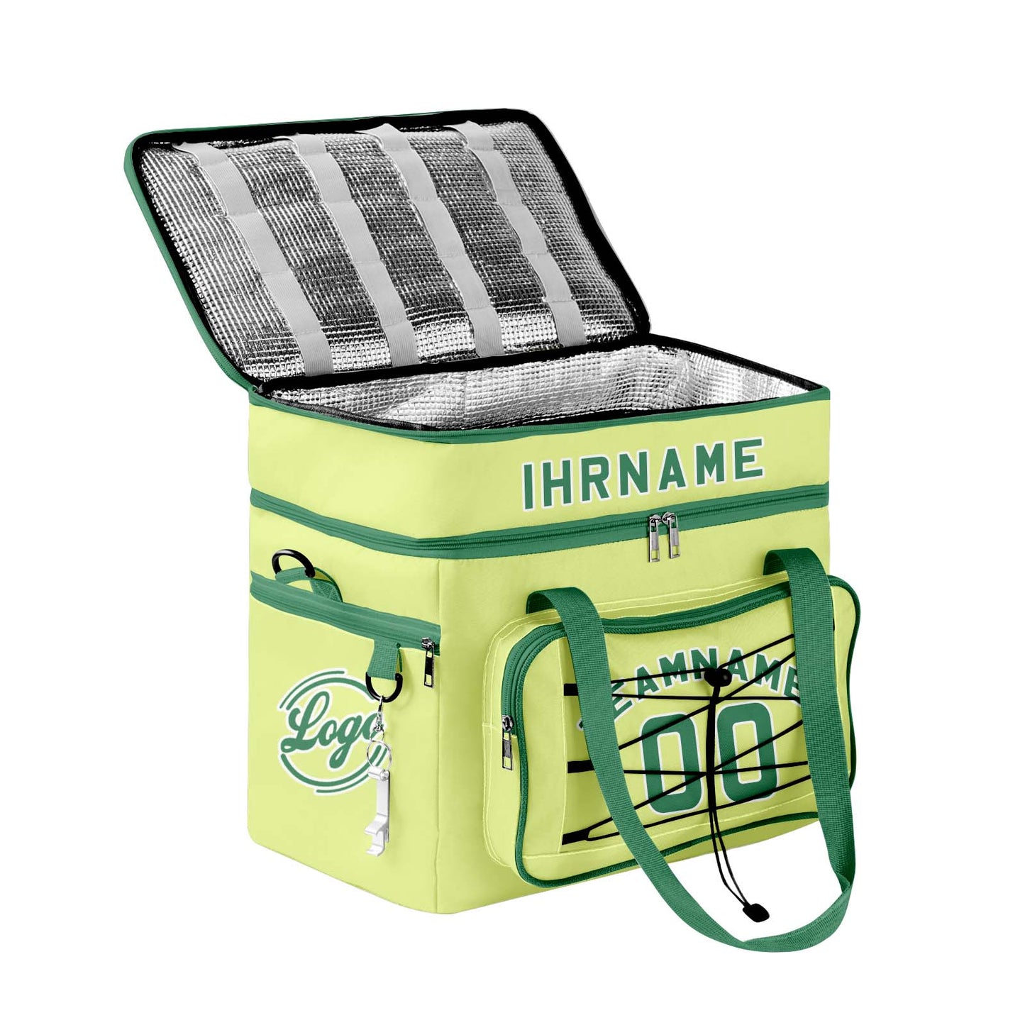 Maßgeschickerte Grün Weiß vollflächig bedruckte isolierte Kühltasche mit Doppelwand Wasserdichte 600D Oxford Picknick-Tragetasche für Teamevents & Outdoor-Grillen
